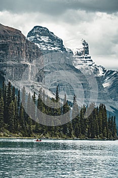 Grand Panorama of Surrounding Peaks at Maligne Lake, Jasper National Park.