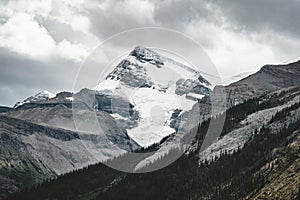 Grand Panorama of Surrounding Peaks at Maligne Lake, Jasper National Park.