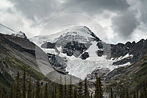 Grand Panorama of Surrounding Peaks at Maligne Lake, Jasper National Park.