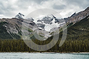 Grand Panorama of Surrounding Peaks at Maligne Lake, Jasper National Park.