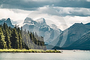 Grand Panorama of Surrounding Peaks at Maligne Lake, Jasper National Park.