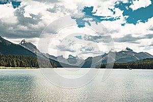 Grand Panorama of Surrounding Peaks at Maligne Lake, Jasper National Park.