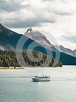 Grand Panorama of Surrounding Peaks at Maligne Lake, Jasper National Park.