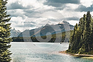 Grand Panorama of Surrounding Peaks at Maligne Lake, Jasper National Park.