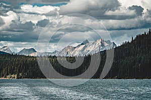 Grand Panorama of Surrounding Peaks at Maligne Lake, Jasper National Park.