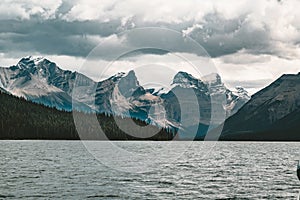 Grand Panorama of Surrounding Peaks at Maligne Lake, Jasper National Park.