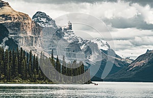 Grand Panorama of Surrounding Peaks at Maligne Lake, Jasper National Park.