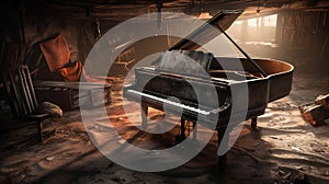 A Grand piano in a abandoned destroyed room. Generative ai