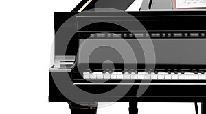 Grand piano close up with reflection on white background