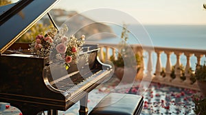 Grand piano in the design a decor for a romantic dinner in the spring in a blooming tree garden