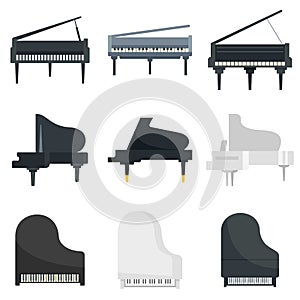 Grand piano icons set, flat style