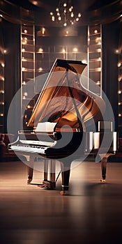 A grand piano, its polished surface reflecting the soft glow of the stage lights