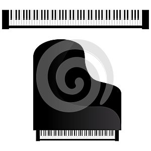 Grand piano and keyboard isolated on white. Vector illustration. Icon, sign, design element for project.