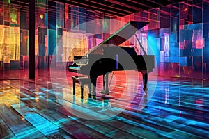 grand piano keys reflecting colorful stage lights