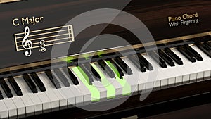 Grand piano with A major chord, classical instrument, piano keys