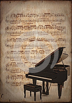 Grand piano with old music sheet