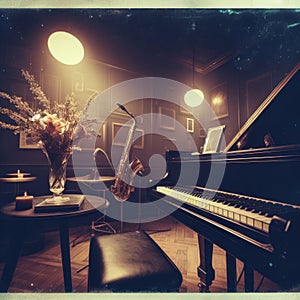 Grand piano and saxophone ready to play in Parisian cafe bar