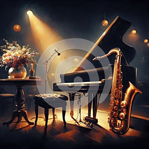 Grand piano and saxophone ready to play in Parisian cafe bar