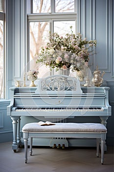 Grand piano in a Shabby chic bedroom interior, empty vintage room with elegant retro furniture