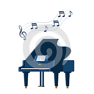 Grand piano and sheet music on a stand. Music instrument. Treble clef with notes on wavy lines. Music concept. Vector illustration