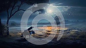 A grand piano sits alone in the middle of a field under a tree at night