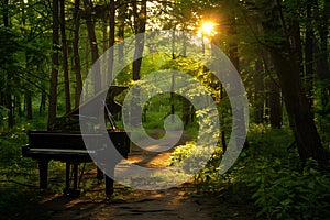 Grand piano sitting in green forest with sunshine peeking through leaves