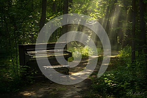 Grand piano sitting in green forest with sunshine peeking through leaves