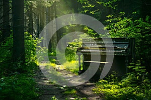 Grand piano sitting in green forest with sunshine peeking through leaves