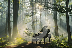 Grand piano sitting in green forest with sunshine peeking through leaves