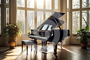 Grand piano sitting in the middle of elegant living room. AI generated.