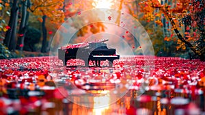 Grand piano sitting in the middle of field of flowers and leaves. AI