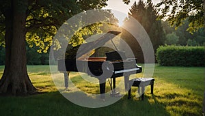 Grand piano situated outdoors in an idyllic space surrounded by greenery bathing in the soft light of a setting sun