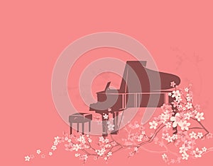 Grand piano and spring season cherry blossom vector copy space background