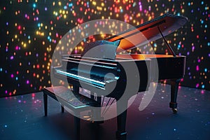 Grand piano on stage, colorful lights background. Generative AI