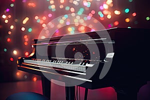 Grand piano on stage, colorful lights background. Generative AI