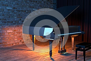 Grand Piano on the stage of concert hall or small jazz club