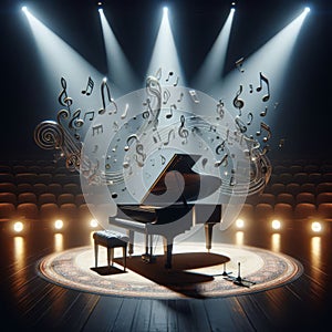 Grand piano, on stage, engulfed in joyous musical notes