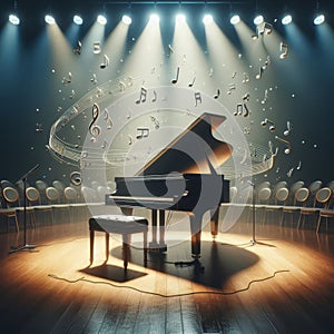 Grand piano, on stage, engulfed in joyous musical notes