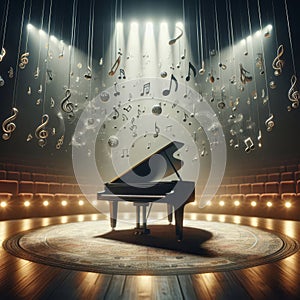 Grand piano, on stage, engulfed in joyous musical notes