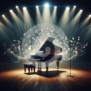 Grand piano, on stage, engulfed in joyous musical notes