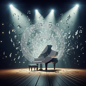 Grand piano, on stage, engulfed in joyous musical notes