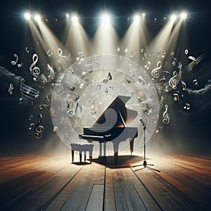 Grand piano, on stage, engulfed in joyous musical notes