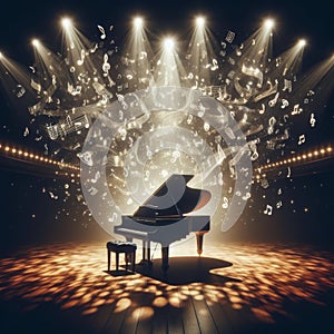 Grand piano, on stage, engulfed in joyous musical notes