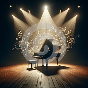 Grand piano, on stage, engulfed in joyous musical notes