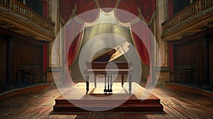 Grand piano on stage with spotlight in an elegant theater. captivating scene for musical performance. perfect for