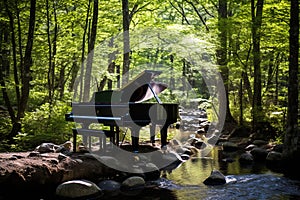 A grand piano stands by the stream. Generative AI