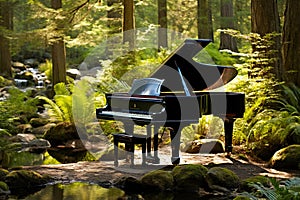 A grand piano stands by the stream. Generative AI