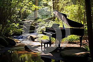 A grand piano stands by the stream. Generative AI