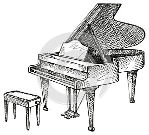 Grand piano and stool for musician