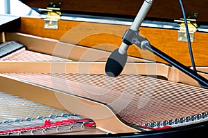 Grand piano strings with microphone. musical instruments closeup